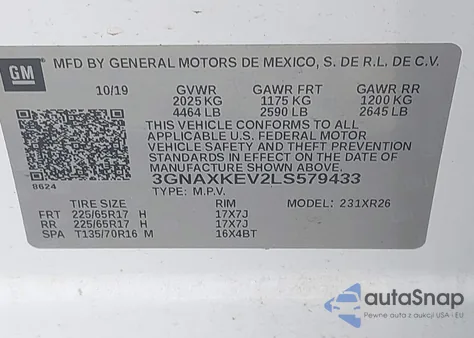 2020 Chevrolet Equinox Fwd Lt 1.5L Turbo из США, поврежденный, VIN 3GNAXKEV2LS579433